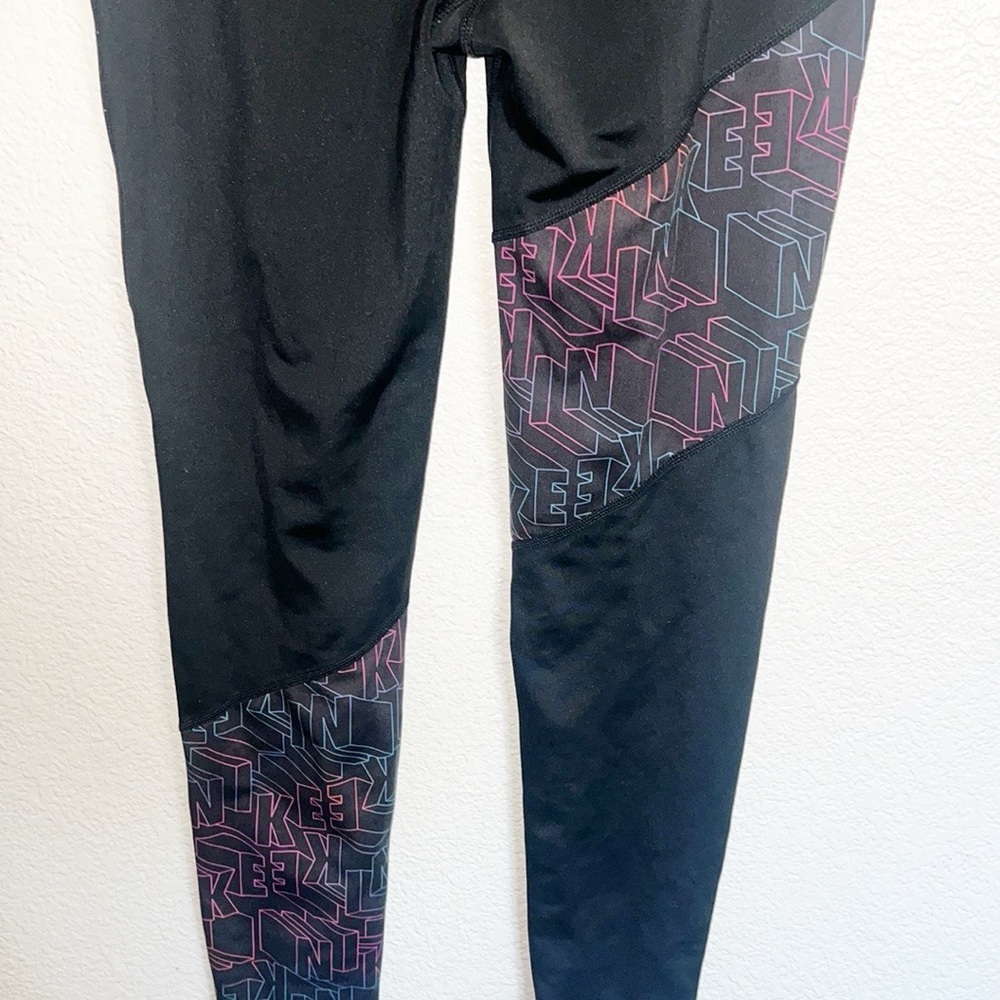 Nike Black Colorful Letter Girls Dri-Fit Tight Fit Colorblock Spell Out Leggings - Picture 7 of 11
